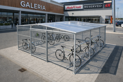 Wiata rowerowa zamykana Saturn 6x6 m Ocynk + Lakier  na 30 rowerów 